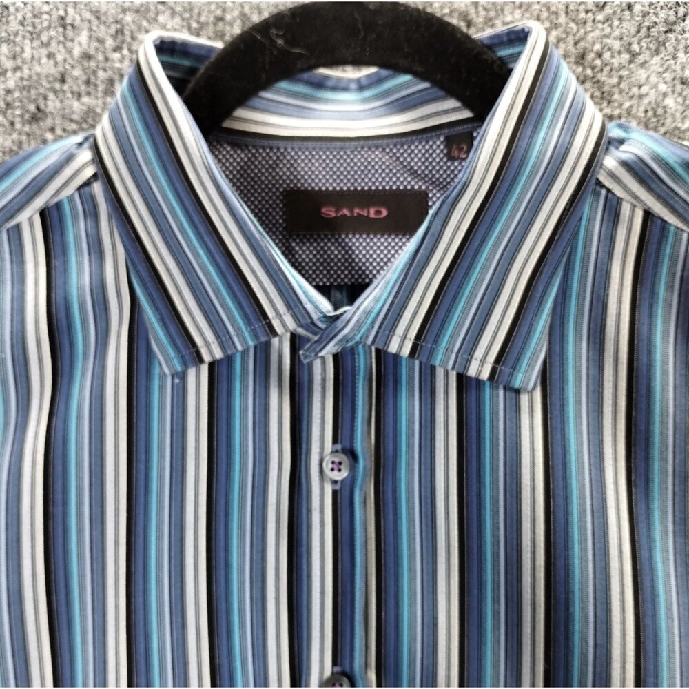 Cotton Aqua Navy Grey Shirt Men's 42 XL Button Down Front Long Sleeve Resort
